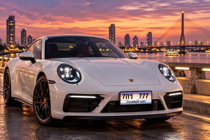ทะเบียนประมูลตอง 777 รถ Porsche จอดริมสะพานยามค่ำ